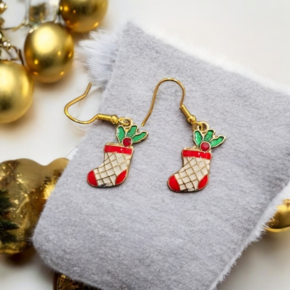 Stocking Holiday Sock Holly Festive Dangle Earrings - Picture 1 of 2